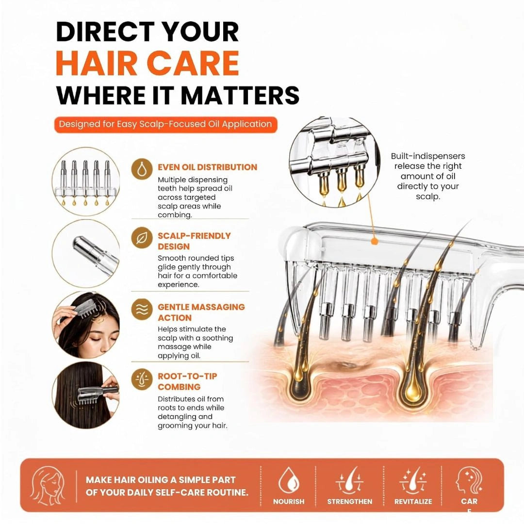 Combing hair with oil applicator distributing oil evenly